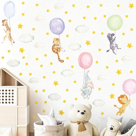 Cartoon Tiere Wandsticker Für Kinderzimmer Aquarell Löwe Elefant Giraffe Stern Wolke Ballon Abnehmbare PVC Kindergarten Wanddeko