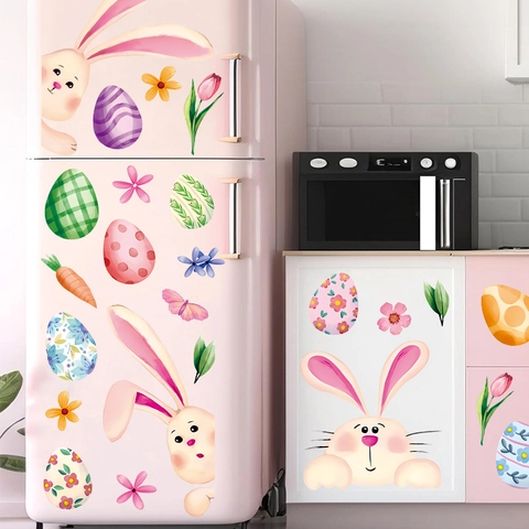 Easter Bunny Rabbit Eggs Wall Stickers Self Adhesive PVC Cartoon Window Clings For Home Kids Room Festival Decoration