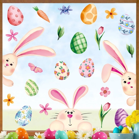 Easter Bunny Rabbit Eggs Wall Stickers Self Adhesive PVC Cartoon Window Clings For Home Kids Room Festival Decoration