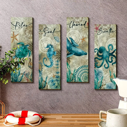 Mediterran Meerestiere MDF Holz Wandkunst Deko Relax Soak Unwind Breathe Schild Schildkröte Seepferdchen Oktopus Delphin Für Badezimmer Haus