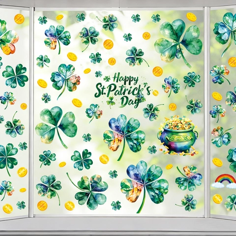 St. Patrick's Day Fensteraufkleber Kleeblatt Goldmünzen Regenbogen Statische Fensterbilder Für Glas Fenster Feiertag Dekoration