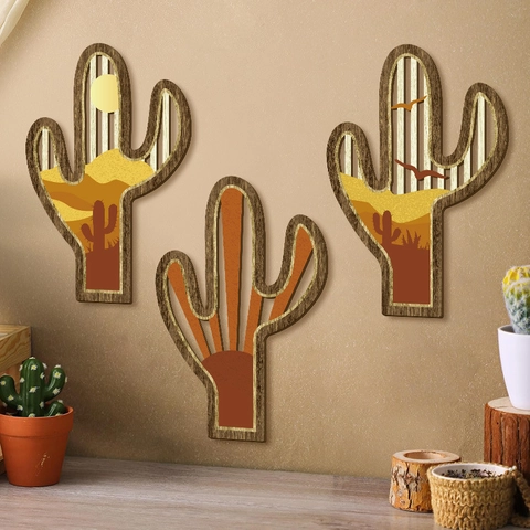 Juego de Decoración de Pared de Madera con Paisaje de Desierto y Cactus Boho Patrón de Sol y Pájaros Colgante para Sala de Estar Dormitorio