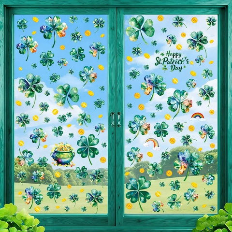 St. Patrick's Day Fensteraufkleber Kleeblatt Goldmünzen Regenbogen Statische Fensterbilder Für Glas Fenster Feiertag Dekoration