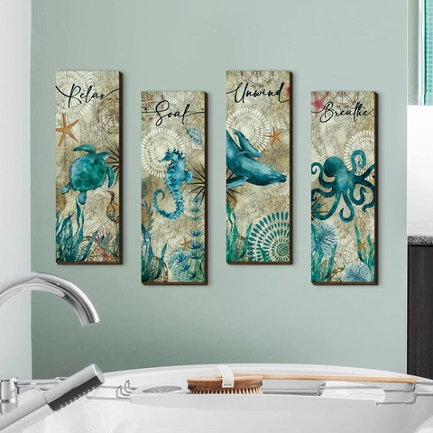 Mediterran Meerestiere MDF Holz Wandkunst Deko Relax Soak Unwind Breathe Schild Schildkröte Seepferdchen Oktopus Delphin Für Badezimmer Haus