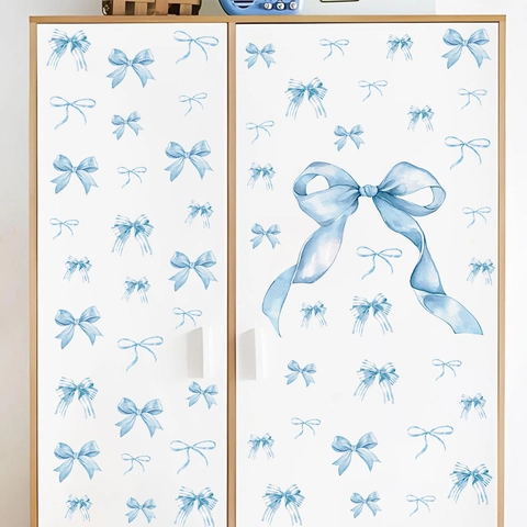 Adesivo da Parete Fiocco Blu Rosa Acquerello PVC Bohemian Removibile DIY Decalcomania per Cameretta Bambini Ragazza Casa