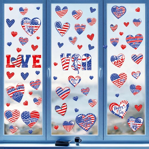 Amerikanische Unabhängigkeitstag Fensteraufkleber PVC Statische Sticker Patriotische Herzen Sterne Freiheitsstatue Dekor