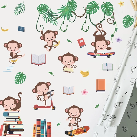 Cartoon Affe Dschungel Thema Wandsticker PVC Selbstklebend Kinderzimmer Kindergarten Leseraum Hintergrund DIY Dekoration Aufkleber
