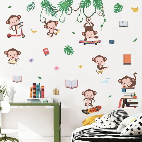 Cartoon Affe Dschungel Thema Wandsticker PVC Selbstklebend Kinderzimmer Kindergarten Leseraum Hintergrund DIY Dekoration Aufkleber