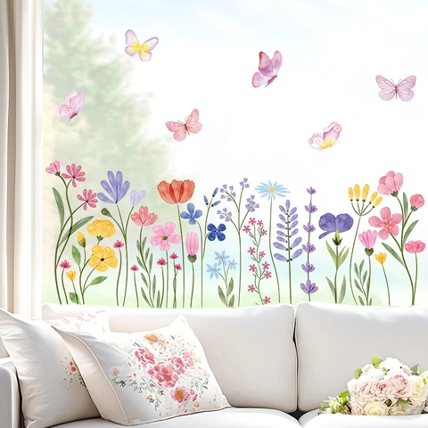 Lente Aquarel Bloemen Vlinder Muursticker PVC Zelfklevend Verwijderbaar Vensterglas Sticker Woonkamer Huisdecoratie
