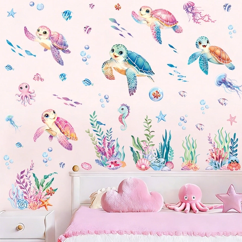Oceaan Dier Badkamer Muurstickers PVC Waterdicht Zeeschildpad Vis Zeewier Zelfklevende Muurstickers Voor Kinderkamer Home Decor