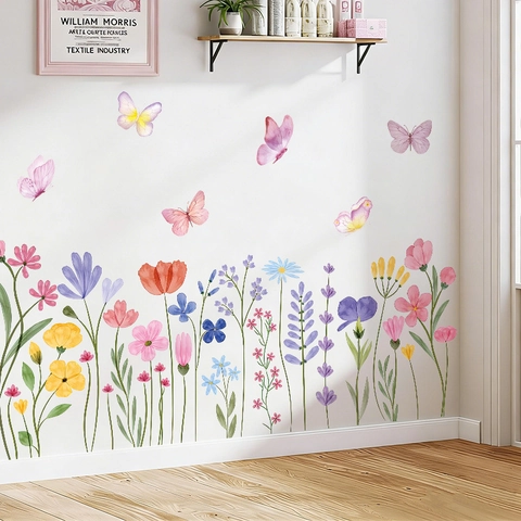 Lente Aquarel Bloemen Vlinder Muursticker PVC Zelfklevend Verwijderbaar Vensterglas Sticker Woonkamer Huisdecoratie