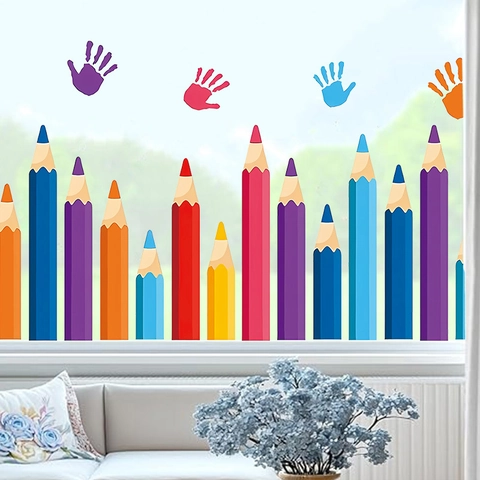Stickers Muraux Colorés Crayon Empreinte De Main PVC Autocollants Pour Décoration De Classe Maternelle Chambre d'Enfant