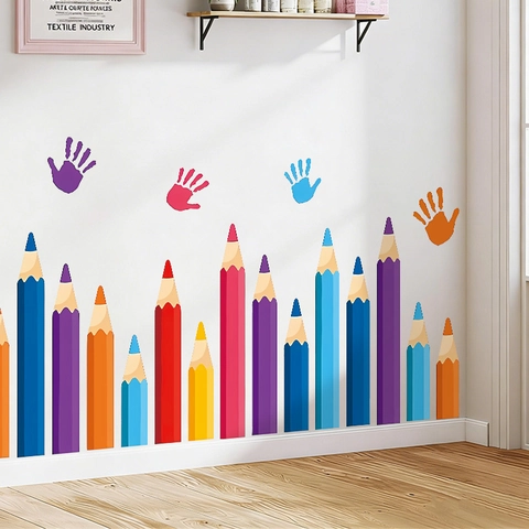 Stickers Muraux Colorés Crayon Empreinte De Main PVC Autocollants Pour Décoration De Classe Maternelle Chambre d'Enfant