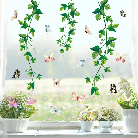 Adesivo da Parete con Viti di Piante Verdi e Farfalle in PVC Autoadesivo Decalcomania per Finestra Decorazione Domestica per Soggiorno Camera da Letto