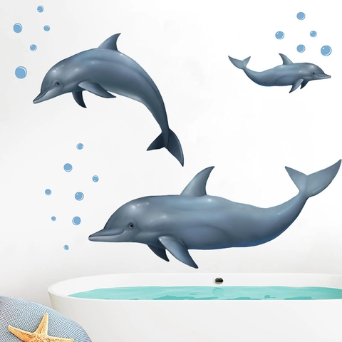 Waterdichte 3D Dolfijn Muursticker Zeedier PVC Decal voor Badkamer Slaapkamer Home Decor Verwijderbaar Zelfklevend Bellen Kunst