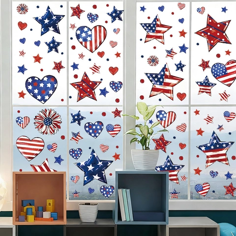 Autocollants de Fenêtre en PVC pour le Jour de l'Indépendance Patriottique Drapeau Américain Étoile Cœur Décoration du 4 Juillet