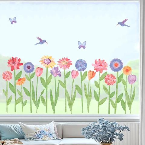 Aquarell Blumen Fensterbilder Statische PVC Aufkleber Glasdeko Kolibri Schmetterling Pastoraler Stil Hausdekoration