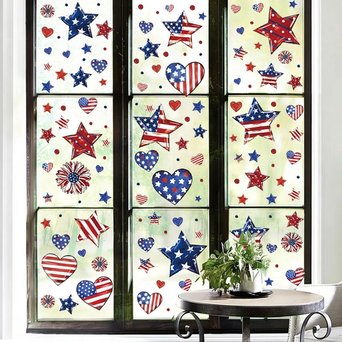 Autocollants de Fenêtre en PVC pour le Jour de l'Indépendance Patriottique Drapeau Américain Étoile Cœur Décoration du 4 Juillet