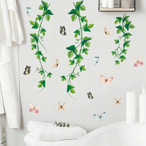 Adesivo da Parete con Viti di Piante Verdi e Farfalle in PVC Autoadesivo Decalcomania per Finestra Decorazione Domestica per Soggiorno Camera da Letto