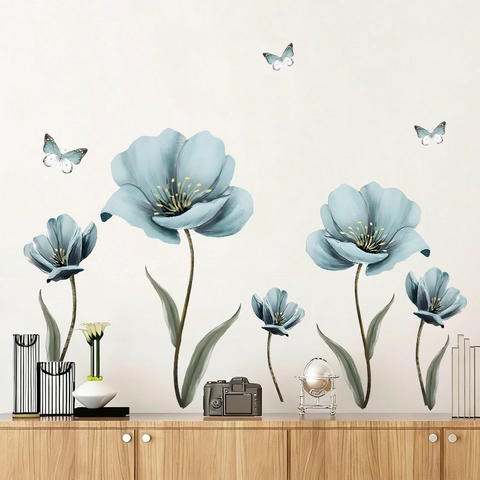 Estilo Chino Acuarela Flores Mariposas Adhesivo de Pared Autoadhesivo PVC Lavado de Tinta Floral Calcomanía para Sala de Estar