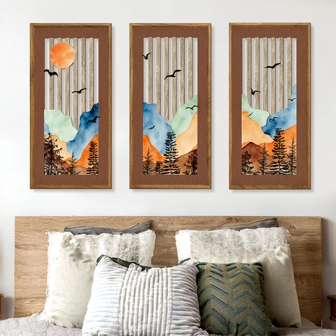 Nordic Wood Mountain Wall Art Decor Panels Landscape Sun Bird Hollow Out Bohemian Modern Farmhouse Home Office Hanging Decoration