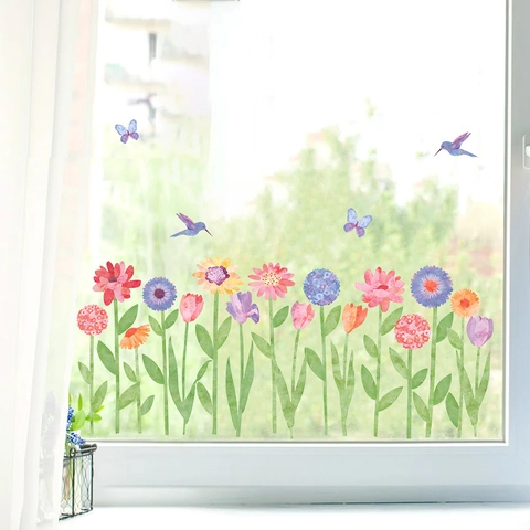 Aquarell Blumen Fensterbilder Statische PVC Aufkleber Glasdeko Kolibri Schmetterling Pastoraler Stil Hausdekoration