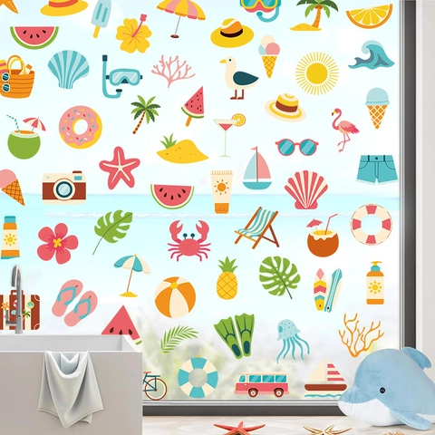 Summer Beach Theme Wall Stickers Waterproof PVC Cartoon Flamingo Coconut Tree Decals For Bathroom Window Decor