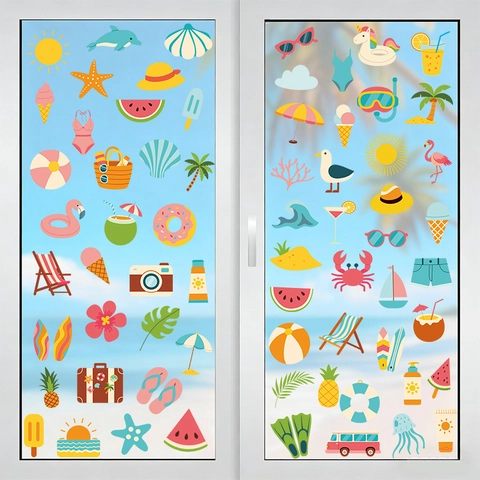 Summer Beach Theme Wall Stickers Waterproof PVC Cartoon Flamingo Coconut Tree Decals For Bathroom Window Decor