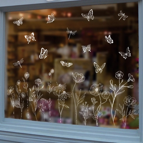 Adesivo per Finestra con Fiori Bianchi e Farfalle Line Art Minimale in PVC Adesione Statica per Decorazione Vetro Casa