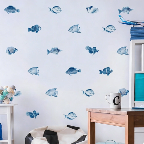 Pegatinas de Pared de Peces del Océano Azul Acuarela Impermeable PVC Animales Marinos Calcomanías para Baño Niños Decoración del Hogar