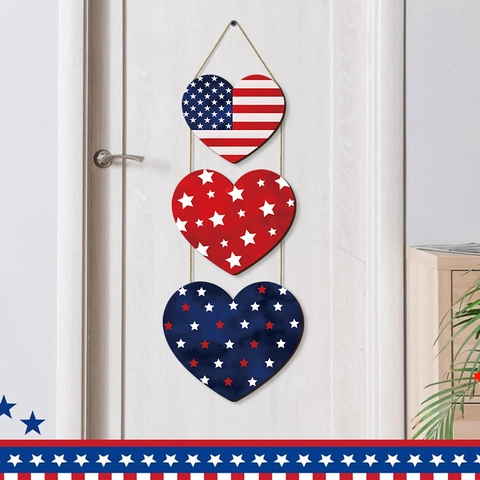 Patriotic Independence Day American Flag Tiered Heart Wooden Hanging Sign July Stars And Stripes Wall Decor Home Ornament
