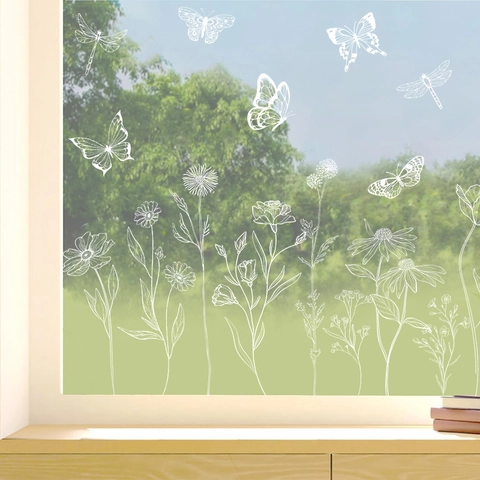 Adesivo per Finestra con Fiori Bianchi e Farfalle Line Art Minimale in PVC Adesione Statica per Decorazione Vetro Casa
