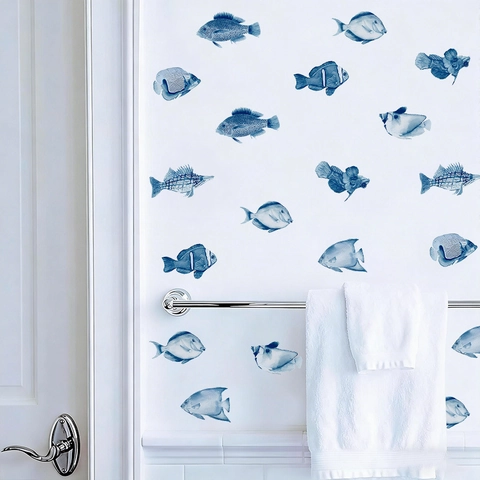 Pegatinas de Pared de Peces del Océano Azul Acuarela Impermeable PVC Animales Marinos Calcomanías para Baño Niños Decoración del Hogar
