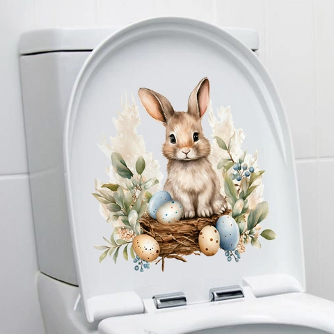 Adesivo da Parete in PVC a Forma di Coniglietto di Pasqua con Uova Colorate Acquerello per Finestra Frigorifero Toilette Casa