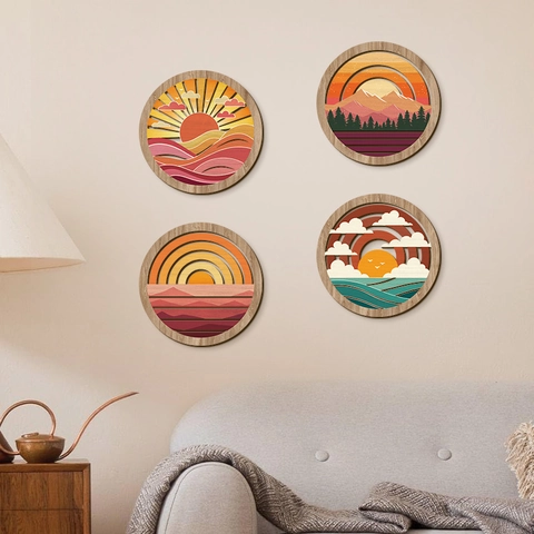 Round Wooden Wall Decor 3D Layered Nature Landscape Sunset Forest Ocean Wave Mountain Laser Cut Wood Art For Home Office Decor