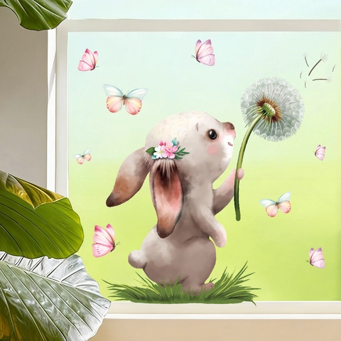 Easter Cartoon Rabbit Fox Window Stickers PVC Static Cling Butterfly Dandelion Floral Decals For Kids Room Home Decor