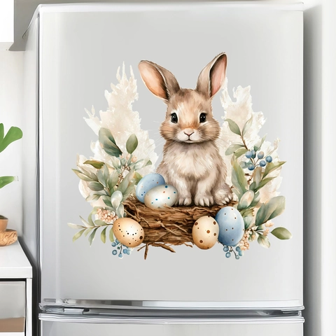 Adesivo da Parete in PVC a Forma di Coniglietto di Pasqua con Uova Colorate Acquerello per Finestra Frigorifero Toilette Casa