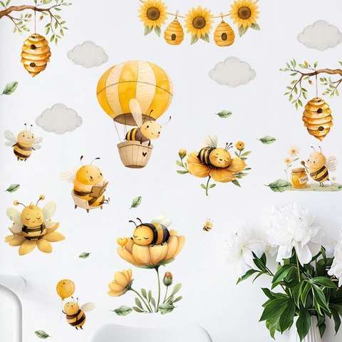Adesivi da Parete in PVC Cartoon Ape Girasole Acquerello Dipinti a Mano Decalcomanie Autoadesive per Camera dei Bambini Asilo Decorazione Casa