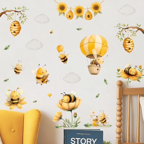 Adesivi da Parete in PVC Cartoon Ape Girasole Acquerello Dipinti a Mano Decalcomanie Autoadesive per Camera dei Bambini Asilo Decorazione Casa