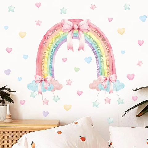 Autocollant Mural Arc-en-ciel Aquarelle Bohémienne PVC Auto-adhésif Cœur Nœud Étoile Décoration Chambre Enfant