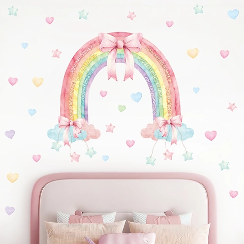 Autocollant Mural Arc-en-ciel Aquarelle Bohémienne PVC Auto-adhésif Cœur Nœud Étoile Décoration Chambre Enfant