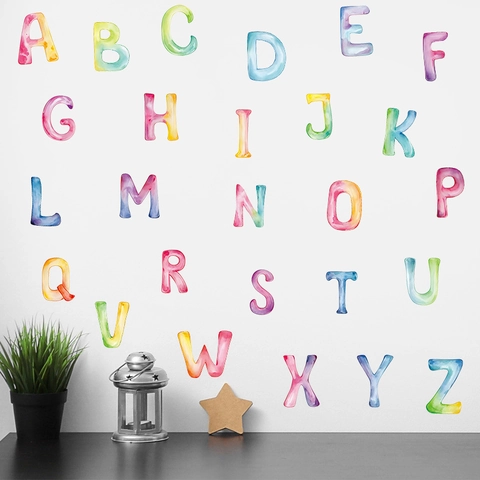 Pegatinas de Pared Letras Alfabeto Inglés Acuarela PVC Autoadhesivo Dibujos Animados Decoración Aula Guardería para Habitación Infantil