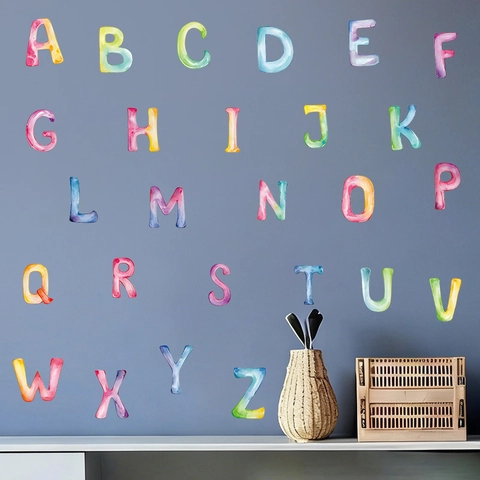 Pegatinas de Pared Letras Alfabeto Inglés Acuarela PVC Autoadhesivo Dibujos Animados Decoración Aula Guardería para Habitación Infantil