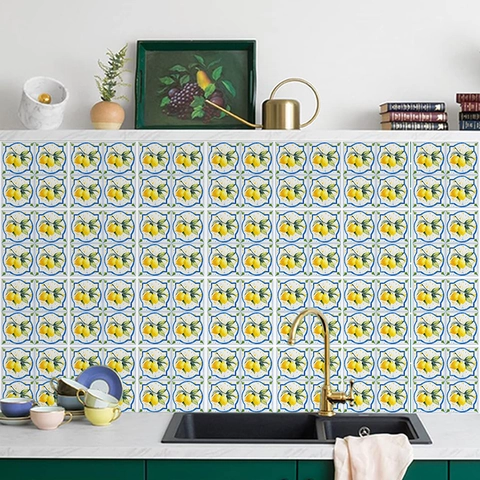 Mediterraner Stil Zitronen Frucht PVC Wandaufkleber Wasserdicht Ölbeständig Selbstklebende Fliesenaufkleber Für Küche Badezimmer Deko