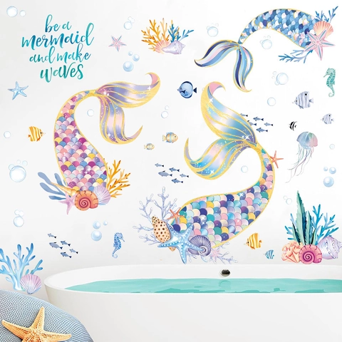 Pegatinas de Pared de Cola de Sirena de Acuarela para Decoración de Dormitorio de Niñas Baño PVC Impermeable Animales Marinos Calcomanías