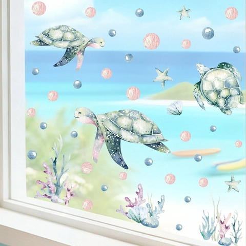 Stickers Muraux Tortue de Mer Aquarelle Animaux Marins Imperméable PVC Auto-adhésif Décoration Vie Océanique pour Salle de Bain