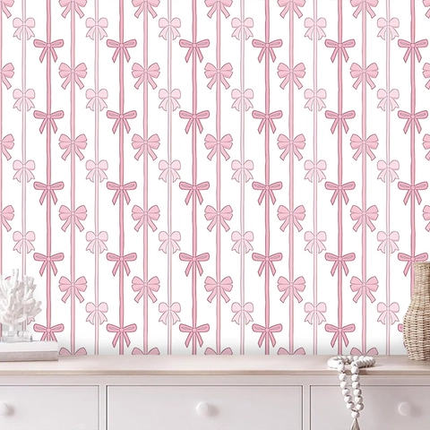 Papier Peint Auto-Adhésif en PVC Bohemian Rose Avec Nœud et Ruban Imprimé Pour Chambre de Fille Sticker Mural