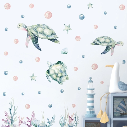 Stickers Muraux Tortue de Mer Aquarelle Animaux Marins Imperméable PVC Auto-adhésif Décoration Vie Océanique pour Salle de Bain