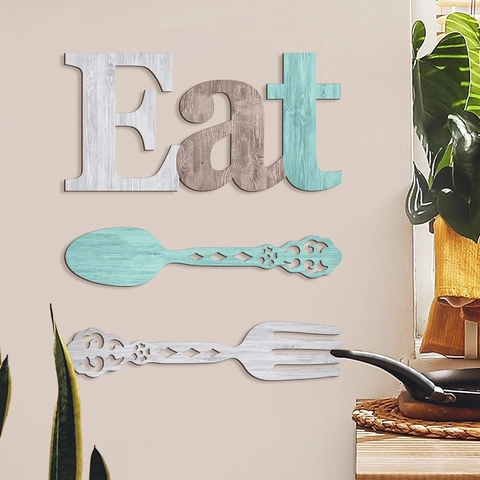 Rustic Poplar Wood Eat Sign Wall Decor With Spoon And Fork Hollow Out Designs Modern Kitchen Dining Room Decoration