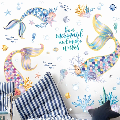 Pegatinas de Pared de Cola de Sirena de Acuarela para Decoración de Dormitorio de Niñas Baño PVC Impermeable Animales Marinos Calcomanías